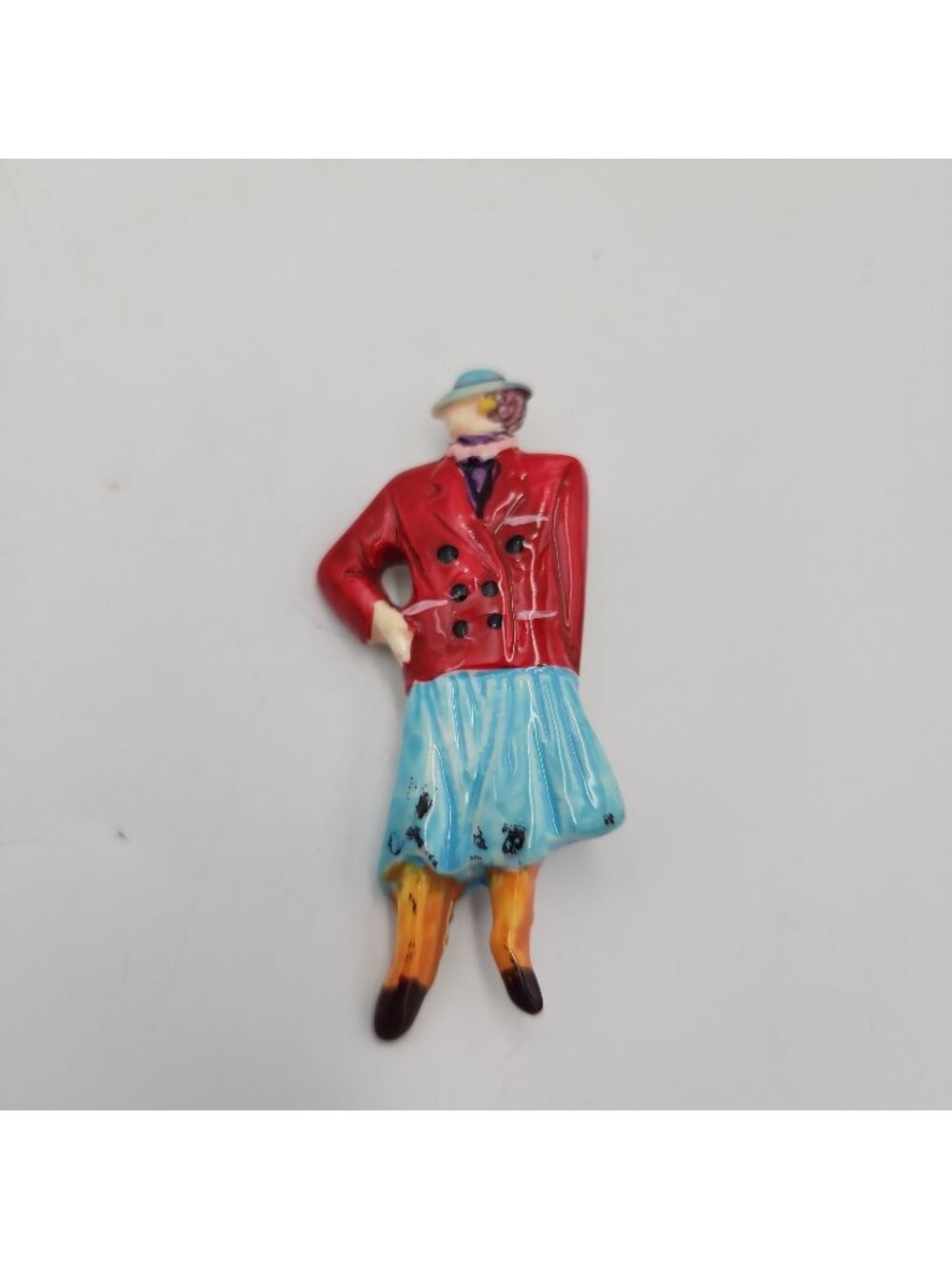 Vintage Figural Woman Pin Brooch Hand Painted Lady Blue Hat Red Blazer Skirt 3"